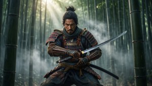 武士在竹林中持刀，伴隨霧氣和陽光