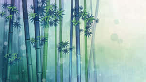 高大的竹莖帶有綠葉，在帶有散景光效的霧氣森林中。 — 竹 壁紙