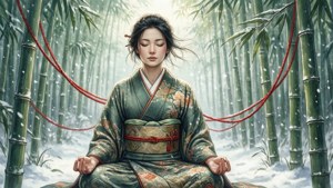 一位穿著和服的女性在雪竹林中冥想，周圍有紅繩。