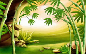 竹拱門框住一個陽光明媚的綠色山谷，有多肉植物和石頭。 — 竹 壁紙