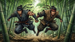 兩名忍者戰士在戰鬥中躍過竹林。