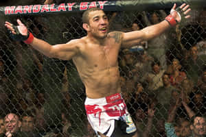 MMA拳手在八角籠內慶祝勝利，背後有歡呼的人群。