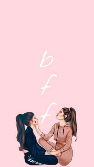 兩個穿著休閒服的女孩在粉紅色背景上分享溫馨時刻，帶有發光的「bff」字母。
