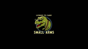 卡通暴龍戴着太陽眼鏡，拿着有「Licensed to Carry Small Arms」文字的子彈帶。