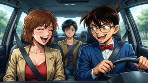 三個動漫角色在車內大笑，車外有綠樹。