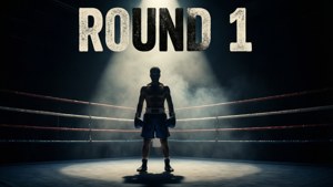 拳擊手在擂台上，聚光燈下，上方有『ROUND 1』文字。