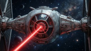 TIE戰鬥機在深空發射紅色激光，有星星和行星