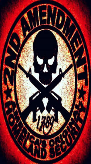 圓形徽章中的骷髏頭與交叉步槍，宣示2nd Amendment和America's Original Homeland Security。