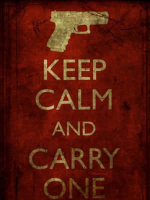 一張紅色 grunge 海報，上面有槍和文字 keep calm and carry one。 — 電腦 GIF 壁紙