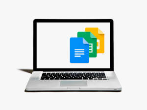 銀色手提電腦在螢幕上顯示 Google 生產力套件圖示。