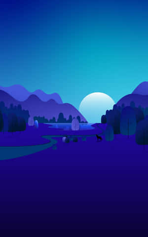 寧靜的夜景，滿月高懸山巒之上，河流蜿蜒穿過樹林。