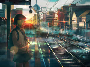 穿著校服的動漫女孩在夕陽餘暉中於下雨的火車站等候。