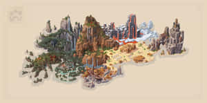 融合自然景觀與未來及古代遺跡的像素藝術等距地圖。 — 型格 Minecraft 壁紙