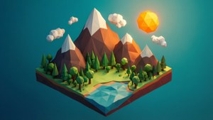 低多邊形山景，有樹木、湖泊和太陽 — 幾何 壁紙