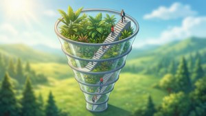 人們在一個充滿叢林植物的巨大玻璃漏斗內攀爬螺旋樓梯。
