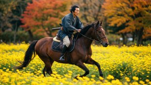 武士騎馬穿過秋林中黃色花田。 — 對馬戰鬼 GIF 壁紙