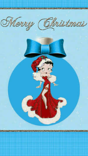 Betty Boop 穿著紅色裙子，在一個帶有蝴蝶結的藍色聖誕裝飾品內。 — iPhone 8 壁紙