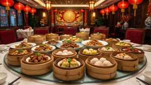 一張擺滿點心的生動餐桌，配以傳統餐廳氛圍，適合用作慶祝活動的壁紙。