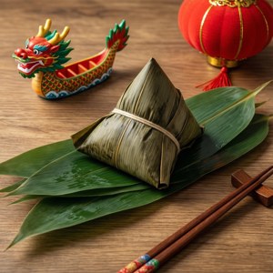 竹葉上的糉子，配龍舟和紅色燈籠。