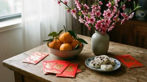 一張木桌，上面有橙子、桃花、紅色利是封和芝麻餅乾，用於農曆新年。