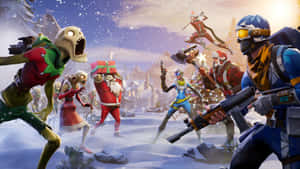 Fortnite角色穿著節日服裝在雪村中於暮色時分與殭屍戰鬥。 — iMac 壁紙