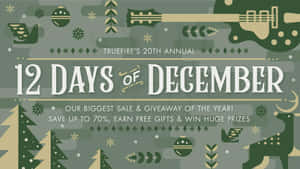 TrueFire第20屆年度12 Days of December節日促銷圖形，附有節日圖標和文字。 — 十二月 GIF 壁紙