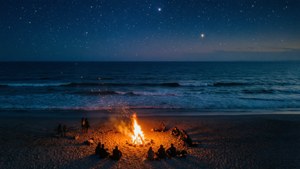 一群人在星空下的海灘上圍坐在營火旁。
