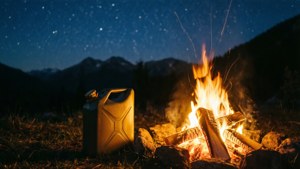 營火在星空下明亮地燃燒，背景有山脈。