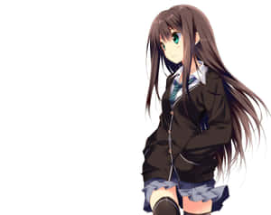 長棕髮綠眼的動漫女學生，身穿校服。