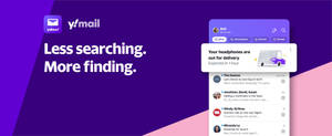 Yahoo Mail 應用程式界面，在紫色和粉紅色背景上顯示電子郵件收件箱和送達通知。