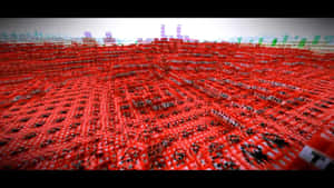 在Minecraft風格的數位世界中，一片廣闊的紅色TNT方塊田野。
