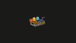 四個 Pac-Man 鬼魂在條紋手推車中，深色背景