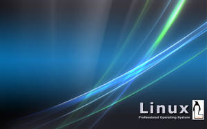 帶有流動藍色和綠色光條及Linux標誌的抽象數碼背景。