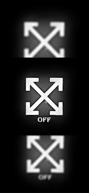 三個發光的 Off White 標誌，帶有 'OFF' 文字，置於黑色背景上