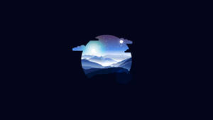 圓形窗戶框住星空夜空下帶有發光月亮的山脈。