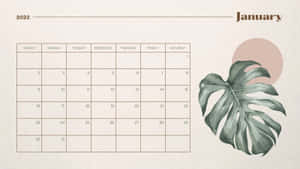 2022年1月日曆，配有水彩龜背竹葉和粉紅色圓圈。 — 冬天桌面 壁紙