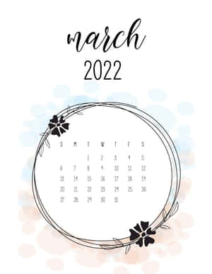 2022年3月月曆，配有花卉花環和粉彩水彩背景。 — 向日葵 壁紙