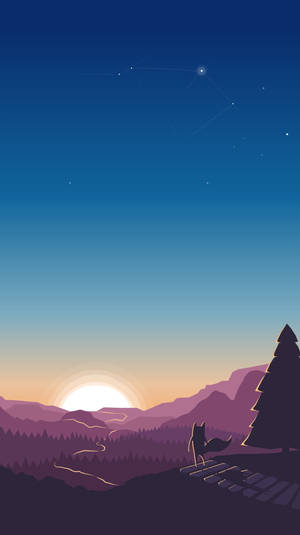 狐狸剪影在山丘上觀看日落越過山脈，星空下
