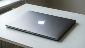 關閉的銀色 MacBook 帶有發光標誌在白色桌子上