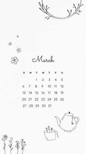 三月日曆，以簡約線條藝術風格手繪花朵和茶壺。 — 三月 壁紙