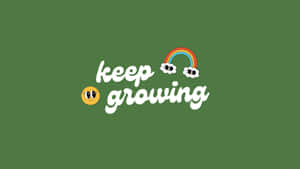 帶有微笑表情符號和眼睛雲彩虹的綠色背景上的勵志短語 keep growing