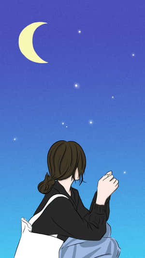 一個女孩在平靜的夜空中仰望月亮和星星。