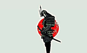 黑色武士戰士剪影持劍對抗紅色太陽，綠色背景