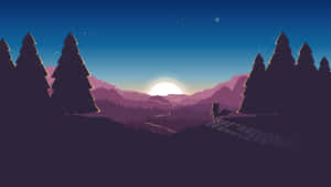 一隻狐狸在黃昏時站在橋上，俯瞰著星空下的山脈和松樹。