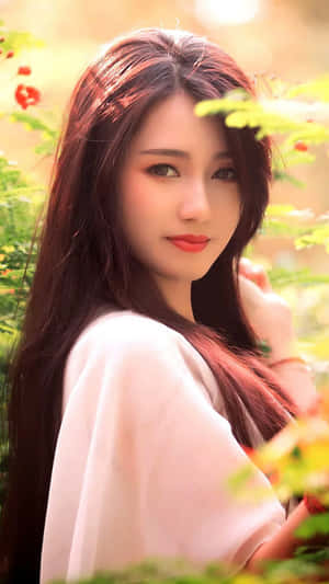 長黑髮、身穿白色上衣的女性站在陽光普照的綠植和紅花之間。