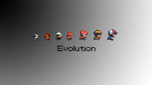像素化角色演變序列，包含七個階段，標有 Evolution
