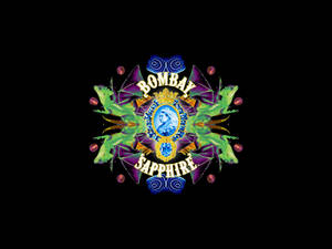 Bombay Sapphire 標誌，綠色龍和藍色肖像，黑色背景。