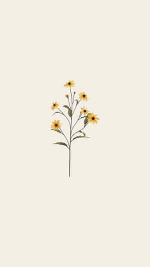在奶油色背景上，一根細長的莖上有黃色花朵和綠色葉子。