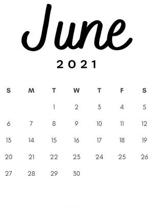 2021年6月日曆，白色背景上帶有黑色草書文字。