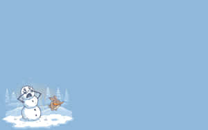 一個驚訝的雪人和一隻跳躍的兔子在雪白的冬日場景中。